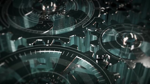 Cogwheels and HUD elements technological intro.Futuristic Opener with rotating cogs gear and infographic animation.Gears metal.Type 2