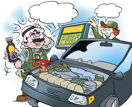 Cartoon illustration of an Arab who tests a new type of oil on the car