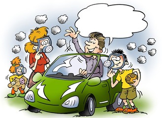 Fototapeta premium Cartoon illustration of a a family thre is equipped with gas masks