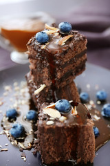 Delicious chocolate cake with caramel topping and berries on plate