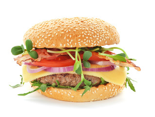 Tasty burger with bacon, isolated on white