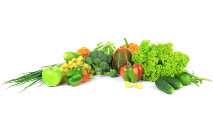 Composition of different fruits and vegetables on white background