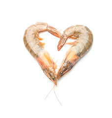 Heart shape made with fresh shrimps on white background