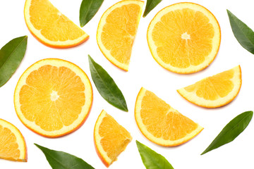 orange with slices and green leaf isolated on white background top view