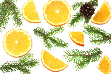 Fototapeta na wymiar Christmas background. orange with slices, cone and fir tree isolated on white background top view