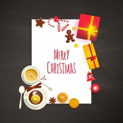 Merry Christmas and Happy New Year. Xmas Poster, banner, printed matter, greeting card. Gifts top view. Flat design vector illustration.