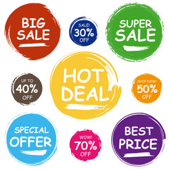 Colorful sale tags in grunge style. Big sale, special offer, hot deal, best price.