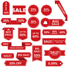 Sale Label collection. Sale icons. Sale tags. Sale and Discount red ribbons, banners and icons. Shopping Tags.
