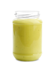 Jar with tasty sauce for salad on white background