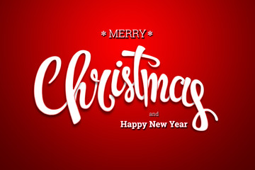 Fototapeta na wymiar The inscription of Merry Christmas and Happy New Year on a red background. Christmas card, holiday background
