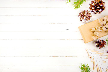 New Year composition on a wooden table. Christmas background. Flat lay.Top view