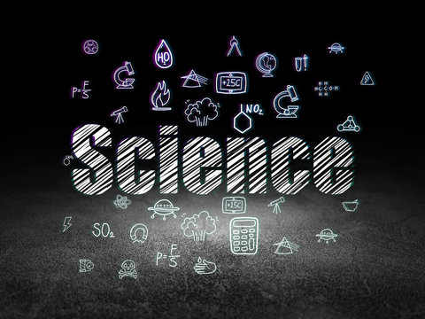 Science concept: Glowing text Science,  Hand Drawn Science Icons in grunge dark room with Dirty Floor, black background