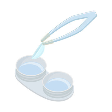 Contact lens in case and tweezer on white background, cartoon illustration of medical accessory for correct vision. Vector