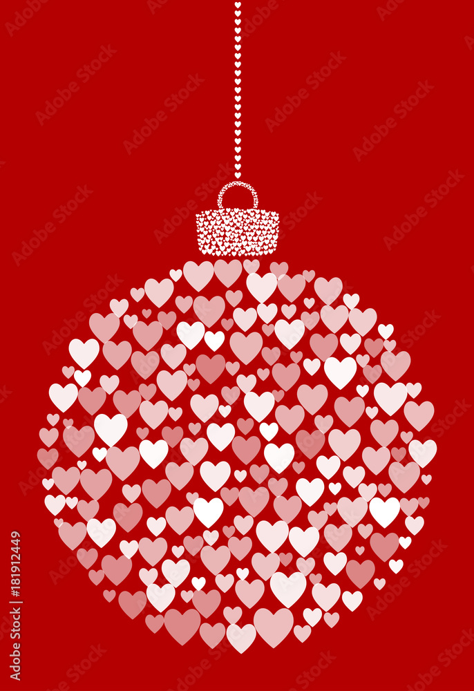 Poster vector hanging abstract christmas ball consisting of heart icons on red background
