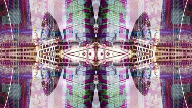 kaleidoscope abstract video made from timelapse view of amazing london skyline with overlayed motion graphic details