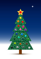 Vector decorated Christmas tree with balls and snow in the clear night with north star