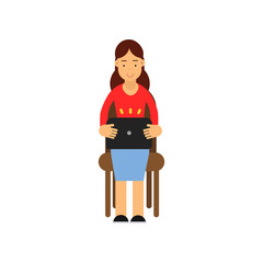 Teenager girl sitting on a chair working with laptop, female student using electronic device vector Illustration