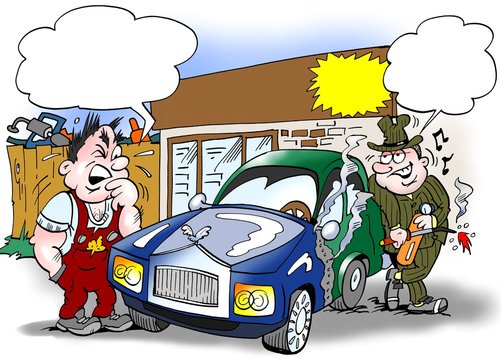 Cartoon illustration of a seller and a buyer looking at an older car that is composed of a new and older car