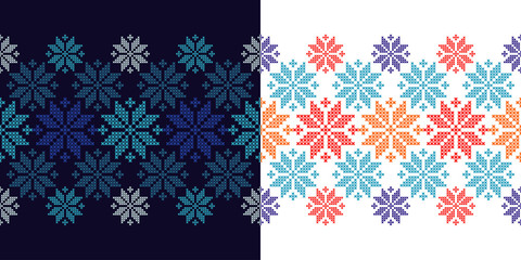 Set of 2 Seamless vector backgrounds cross stitch Norwegian snowflakes. Folk motifs. Winter pattern. Textile rapport.