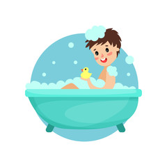 Girl taking bath in foam and soap, woman caring for herself, healthy lifestyle vector Illustration