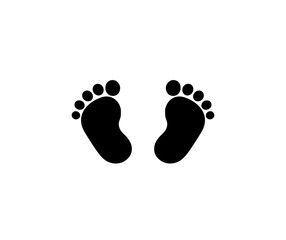 Black silhouette of baby footprints isolated on white background.