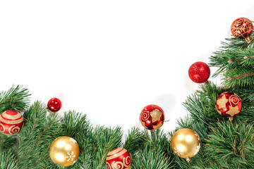 Fototapeta na wymiar Christmas frame - tree branches with gold and red balls isolated on white background. Isolate.