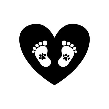 Baby footprints with pet pawprints  inside of black heart