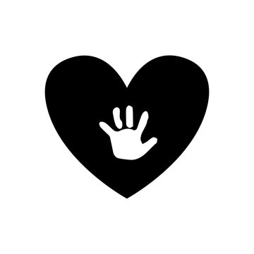 Baby handprint inside of black heart isolated on white background.