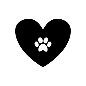 Animal pawprint inside black heart isolated on white background.