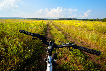 Naklejka na ściany i meble Road in the countryside, passing through the field. Bicycle in the foreground