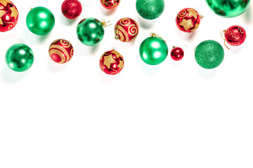 New Year's toys, frame of red and green balls, isolated on white background. Isolate.