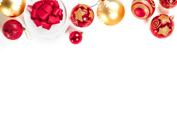 New Year's toys, frame of red and gold balls, isolated on white background. Isolate.