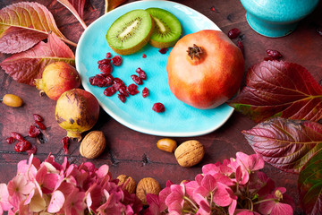 Pomegranate, nuts, kiwi, autumn, turquoise, vase,