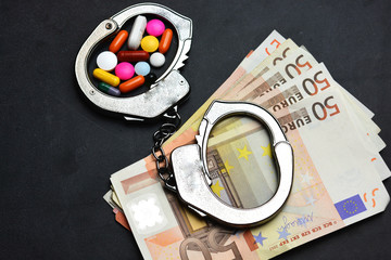 Drugs trafficking is illegal, with pills or narcotics in handcuffs on euro banknotes