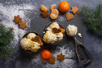 Ice cream with gingerbread and tangerine