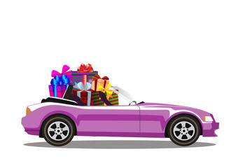 Pink modern cartoon cabriolet car full of gift boxes isolated on white background.