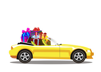 Fototapeta premium Yellow modern cartoon cabriolet car full of gift boxes isolated on white background.