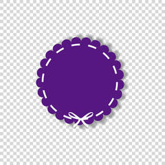 Violet round stamp with white ribbon in paper cut out style isolated