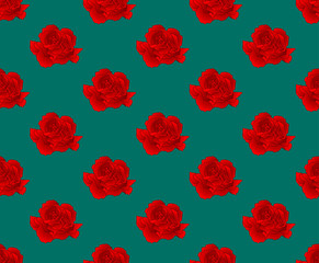 Red Carnation Seamless on Green Teal Background