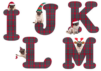 cute Christmas pug puppy dog alphabet letters I J K L M, isolated on white background