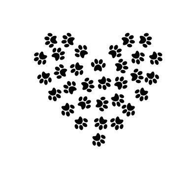 Heart symbol made of pet pawprints isolated on white background.