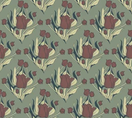 Poster Seamless pattern, hand drawn Tulip flowers with leaves on green background © momosama