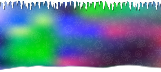 Winter magical festive template with silver fallen snowflakes, icicles and snowdrift