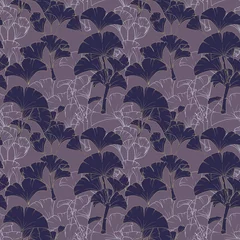 Fotobehang Seamless pattern, collage arrangement of hand drawn ginko leaves with outline, dark purple tone © momosama