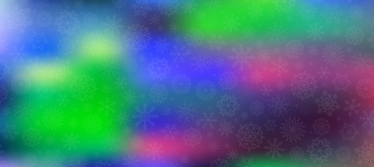 Winter magical festive template with silver fallen snowflakes, on colored bokeh background.