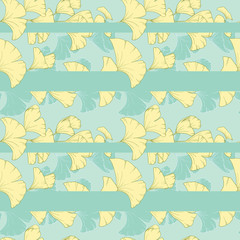 Seamless pattern, horizontal arrangement of hand drawn ginko leaves with outline
