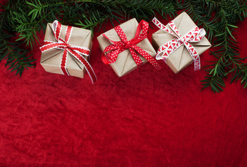 Christmas background with gift on red background. Merry christmas card. Winter holiday theme. Happy New Year. Space for text.