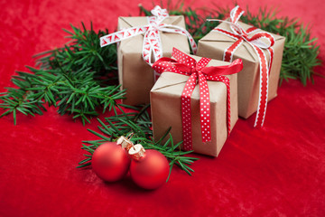 Christmas background with gift on red background. Merry christmas card. Winter holiday theme. Happy New Year. Space for text.