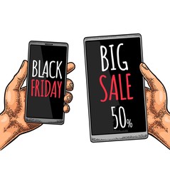 Smartphone hold male hand. Lettered text BIG SALE.
