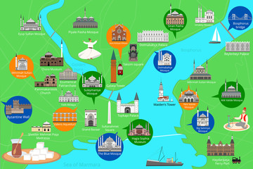 Map of the historical center of Istanbul with sights flat style vector illustration.